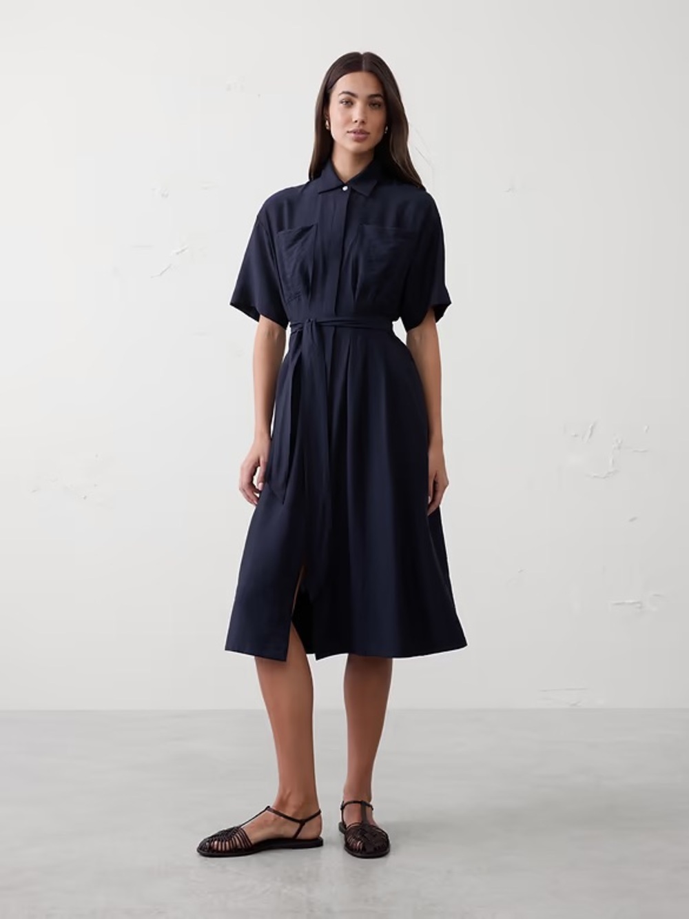 Banana Republic Navy Short-Sleeve Shirt Dress with Waist Tie